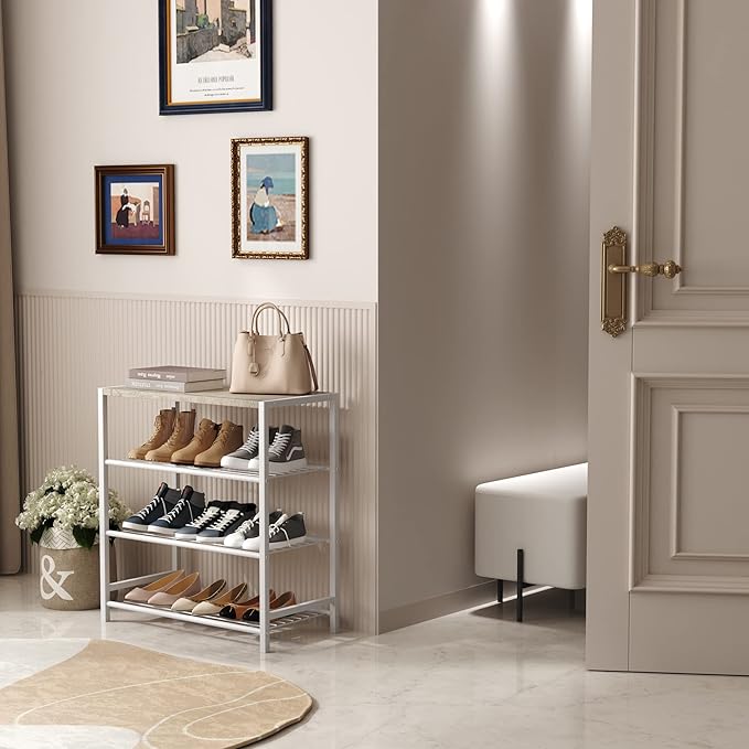 HOMEFORT 4-Tier Shoe Rack, Modern Industrial Shoe Storage Tower, Narrow Shoe Organizer for Closet Entryway, Small Shoe Rack Table with Durable Metal Shelves and MDF Top, White Oak