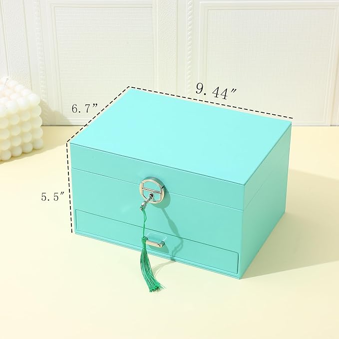 BOOVO Earring Jewelry Box For Women Girl Stud Organizer, 5 Layers Girl Jewelry Organizer Box With Lock Earring Holder Organizer Necklace Ring Jewelry Organizer Box For Girls (Turquoise Blue)