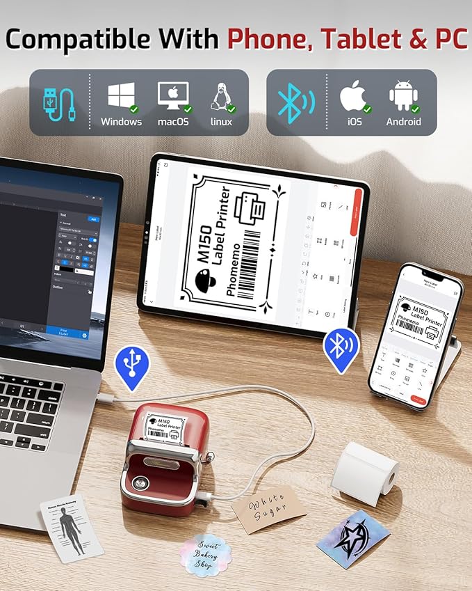 Phomemo Label Maker Machine with Tape, Upgrade M150 Thermal Label Printer, 2 Inch Bluetooth Label Maker for Barcode, Small Business, Home, Office, Compatible with Phone & PC