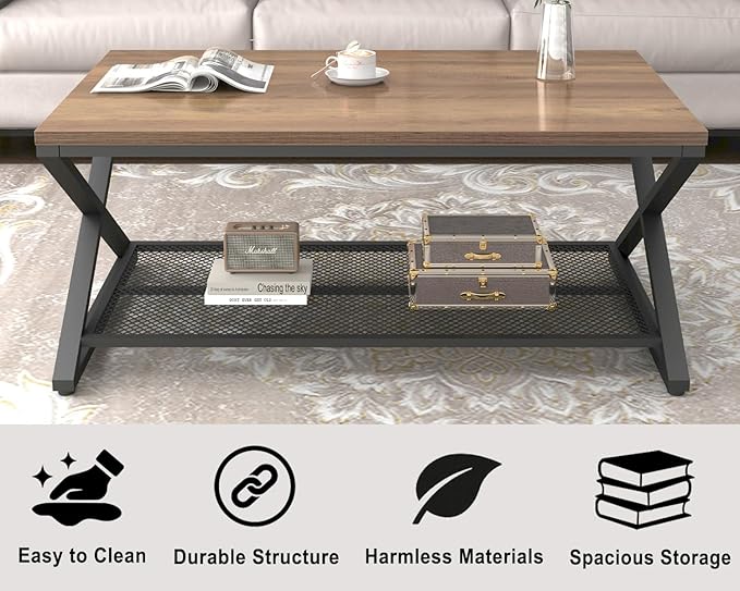 LVB Wood Coffee Table, Metal Wooden Living Room Table with Storage, Industrial 2 Tier Cocktail Tea Table with Mesh Shelf, Farmhouse Rectangular Low Middle Tables for Office Bedroom, 39 inch Rustic Oak