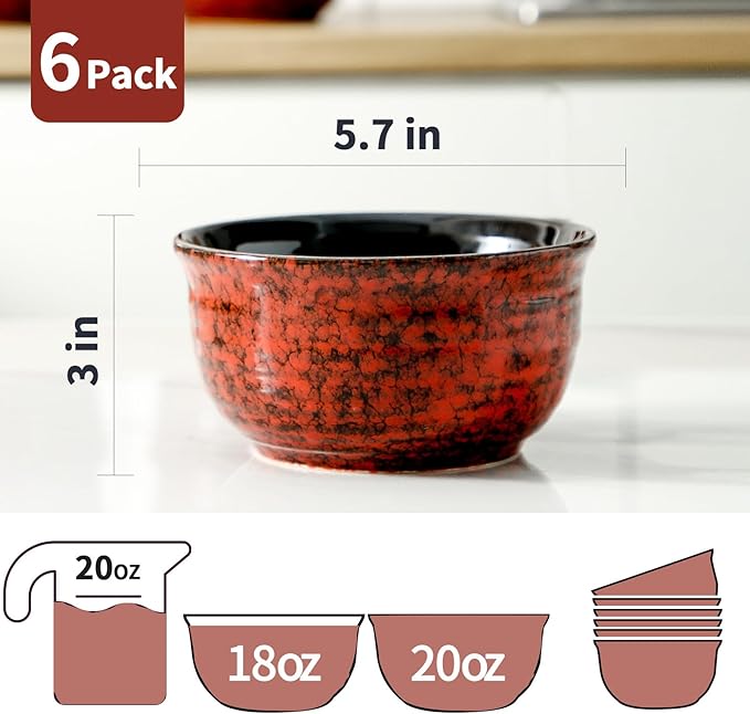 Hasense 20 Ounces Cereal Bowls, Ceramic Soup Bowls Set of 6, Snack Bowls for Kitchen, Salad, Pasta, Rice, Oatmeal, Microwave & Dishwasher Safe, Red
