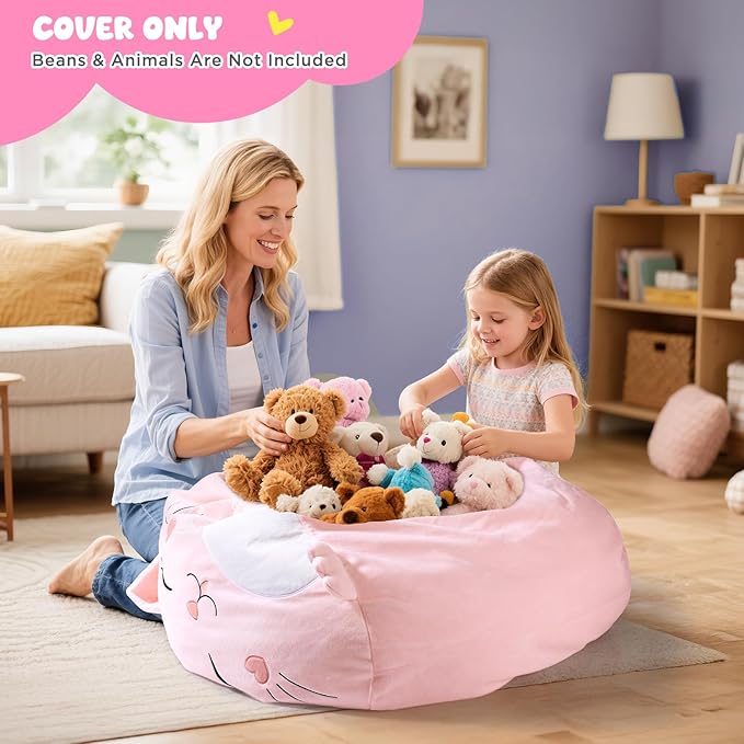 GAGAKU Stuffed Animal Bean Bag Cover Toy Storage, 24 Inches Kids BeanBag Pink Small Cat Large Zipper Bean Bag for Organizing Kids Plush Toys Home Supplies
