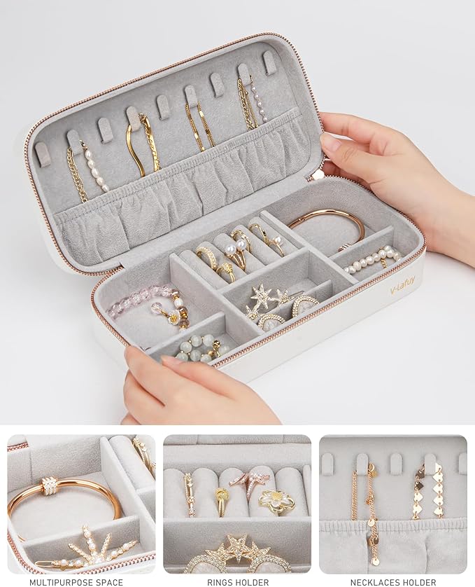 Jewelry Box Small Jewelry Boxes, PU Leather Portable Travel Jewelry Case, Large Capacity for Rings Earrings Necklaces Bracelets Watch, White C