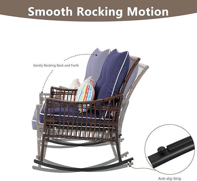 3 Pieces Patio Furniture Set, Outdoor Rocking Chairs Set of 2, Wicker Cushioned Patio Rocker with Side Table for Porch, Garden, Poolside & Deck, Blue