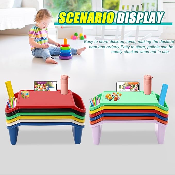 Set of 6 Kids Lap Desk Tray, Portable Activity Table, Plastic, Stackable for Drawing, Writing, Eating, Classroom, 19.69" L x 9.84" W x 7.09" H, (Red+Green+Yellow+Purple+Orange+Blue)