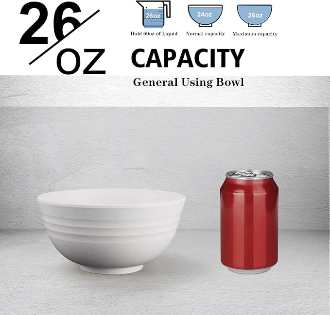 Wheat Straw Bowls Set of 8, Unbreakable White Cereal Bowl 26OZ, Microwave and Dishwasher Safe Oatmeal Bowls, Kitchen Bowl Suitable for Cereal,Salad,Snack (White)