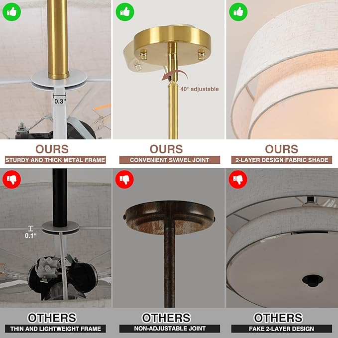 16" Semi Flush Mount Ceiling Light, Gold 3 Light Double Drum Fabric Lampshade Lighting Fixture for Living Room, Bedroom, Dining Room, Kitchen, Hallway (Swivel Canopy for Sloped/Flat Ceiling)