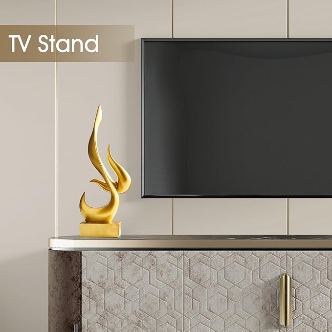 AWNR Abstract Sculpture Gold Decor: Flame Statue Resin Art Figurines Modern Home Decor for Living Room TV Stand Office Shelf Accents Minimalist Centerpiece Table Decorations