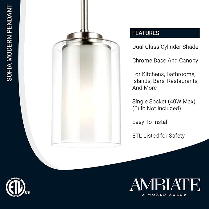 Sofia Modern Pendant, Double Glass Shade, Nickel Finish Base, Single Medium Base (E26) Socket, Dining Areas, Bathrooms, Powder Rooms, Bedrooms, Dimmable, ETL Listed, Clear-Frosted Glass