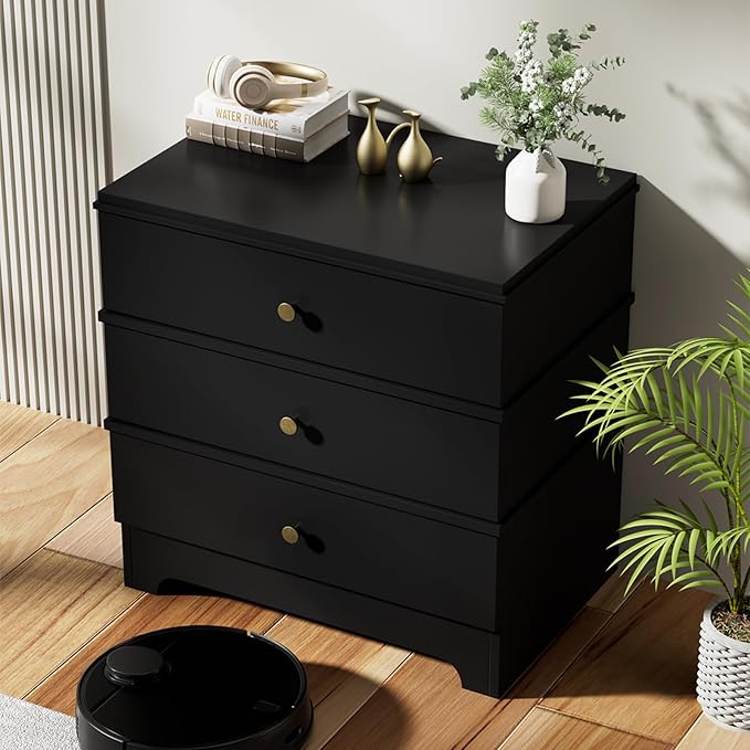 3 Drawer Nightstand with Charging Station,24" Farmhouse Night Stand & Modern Bedside Table, Wood End Table Storage Cabinet for Bedroom Hallway, Entryway,Black Set of 2