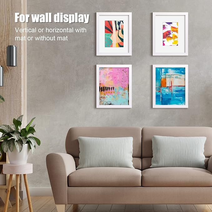 KINLINK 8x10 Picture Frame White, Solid Wood Frames with Acrylic Plexiglass for Pictures 4x6/5x7 with Mat or 8x10 without Mat, Tabletop and Wall Display, Set of 4