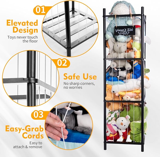 Large Stuffed Animal Storage, Wooden Stuffed Animal Storage Zoo, Toy Holder, Space Saving Toy Zoo for Kidroom, Playroom, Kid’s Gift, Black