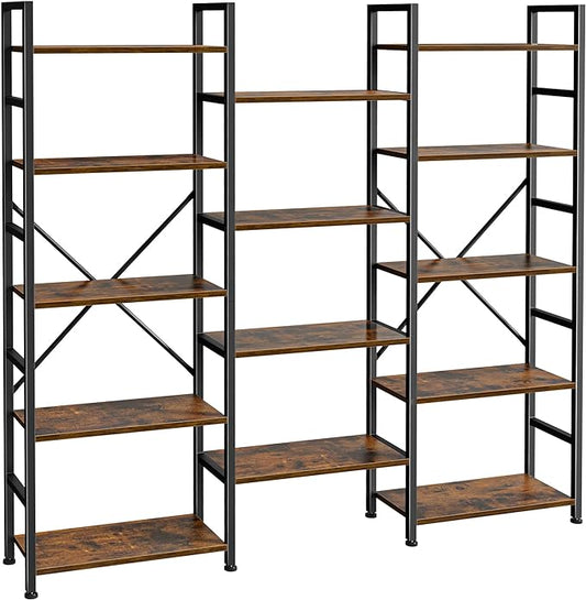 SUPERJARE Triple 5 Tier Bookshelf, Bookcase with 14 Open Display Shelves, Wide Book Shelf Book Case for Home & Office, Rustic Brown