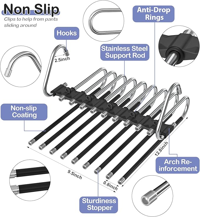 Upgrade 9 Layers Pants Hangers Space Saving, 2 Pack Non Slip Stainless Steel Multifunctional Pants Rack Closet Pant Hanger Organizer with Hooks for Pants Jeans Trousers Dorm Room Essentials, Black