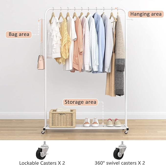 Sywhitta Clothing Rack on Wheels with Mesh Storage Shelf & Sturdy Metal Frame, Rolling Garment Rack for Hanging Clothes, Coats, Skirts, 39.76" L x 16" W x 64.56" H,White