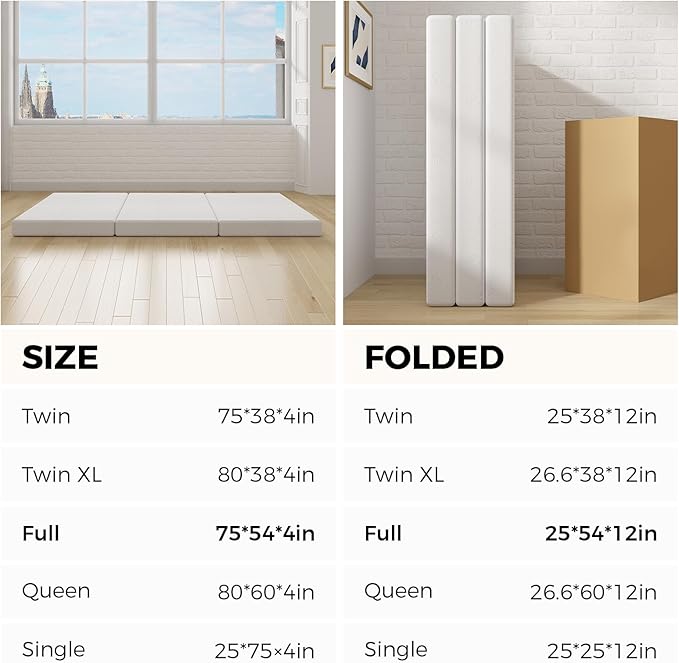 Avenco Tri-fold Mattress - 4 Inch Single Size Portable Floor Mattress with Breathable & Washable Cover | Foldable Memory Foam Topper for Guest Room,RV,Travel,Camping,White