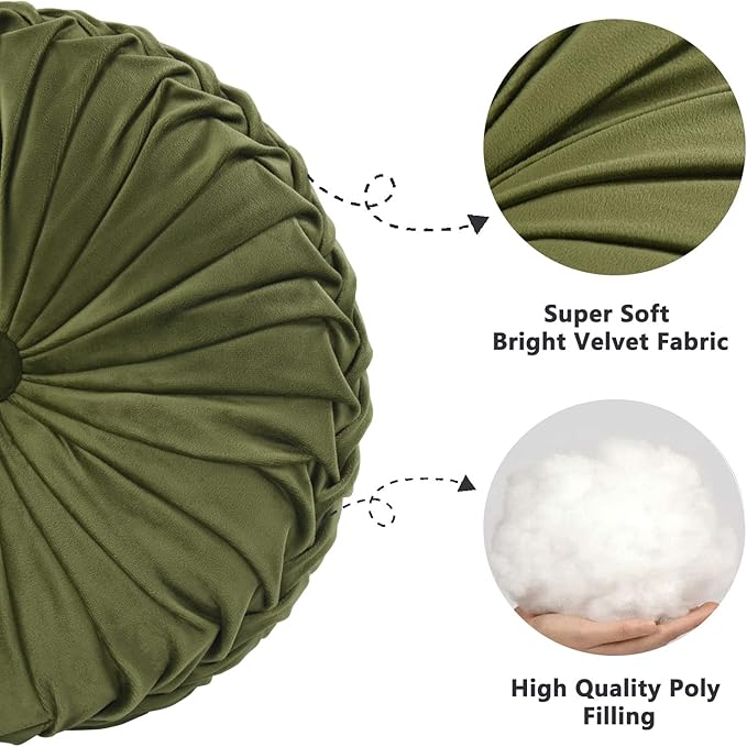 HIG Set of 2 Decorative Round Pleated Throw Pillows, Classy Accent Pumpkin Throw Pillows with Center Button, Vintage Velvet Floor Pillows for Sofa Couch Vanity Chair Bed, Olive, 14.5" Diameter(Ripple)