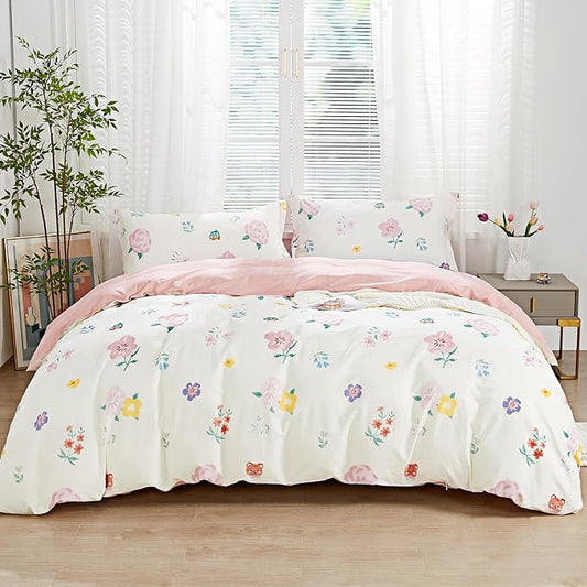 SAPHREAS Pink Floral Duvet Cover Set King Size Colorful Flowers White Bedding Comforter Cover Set 100% Cotton 1 Duvet Cover 104"x90" 2 Pillow Shams, Comforter Not Included