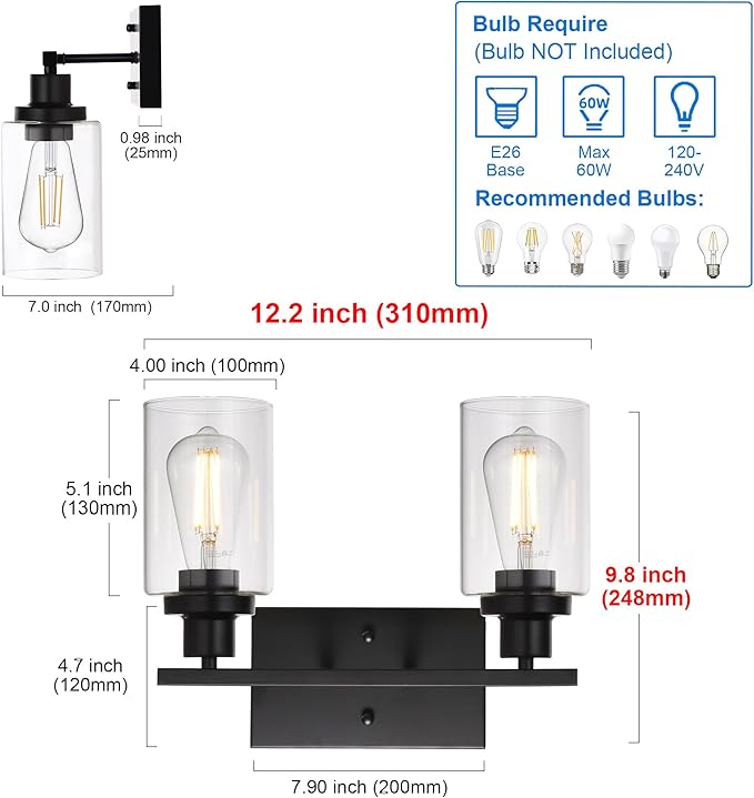 MELUCEE 2-Light Black Wall Sconce Industrial Vintage with Clear Glass Shade and Metal Base, Bathroom Vanity Lights Hallway Light Fixture Sconces Wall Lighting (Patent No.: US D963914 S)