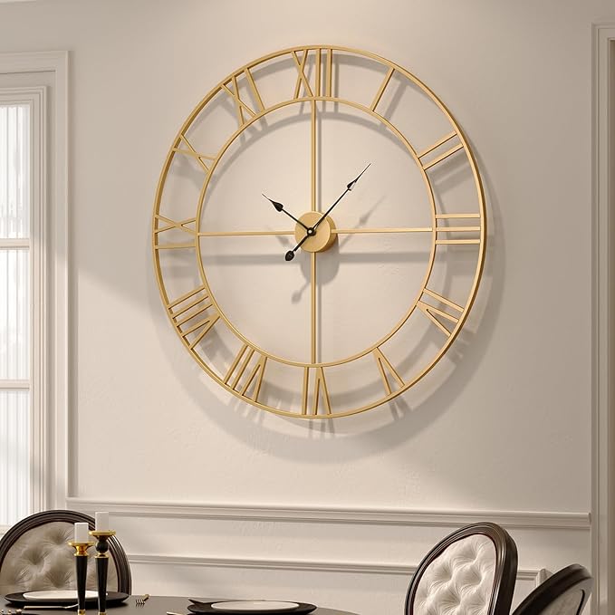 Large Wall Clock 36 Inch Gold Wall Clock Battery-Operated, Modern Metal Roman Numeral Decorative Clock for Living Room Decor, Dinning Room, Office, Kitchen, Mantel, Home Decor