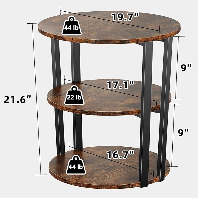 Rotating Round Side Table, 3-Tier End Table with Metal Frame, Nightstand for Small Spaces, Side Table Living Room Bedroom Sofa Bathroom, Vintage Brown