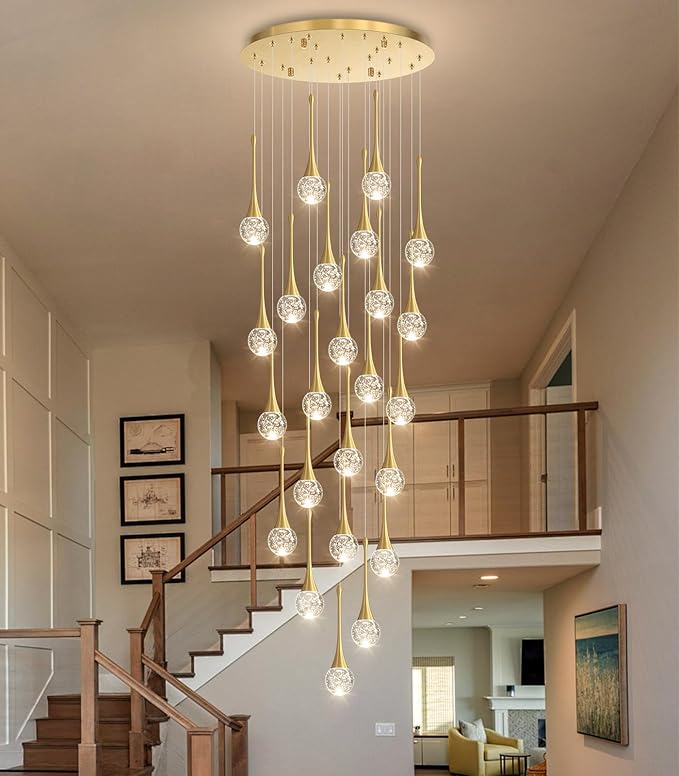 24 Light Modern Glam Crystal Chandelier for High Ceiling LED Dimmable Ceiling Pendant Light Staircase Foyer Enterway Living Room Chandelier Lighting Antique Gold