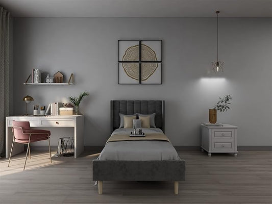 Low Profile Upholstered Platform Bed,Twin Beds with Dark-Grey(Velvet)