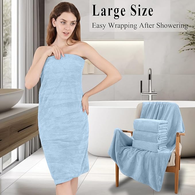 Blue Bathroom Towels Set Of 4, 35x70 Inches Oversized Bath Towels Extra Large Microfiber Shower Towels Textured Ultra Soft Absorbent Quick Dry Towel Bath Sheets Towels For Adults Bathroom Hotel Spa