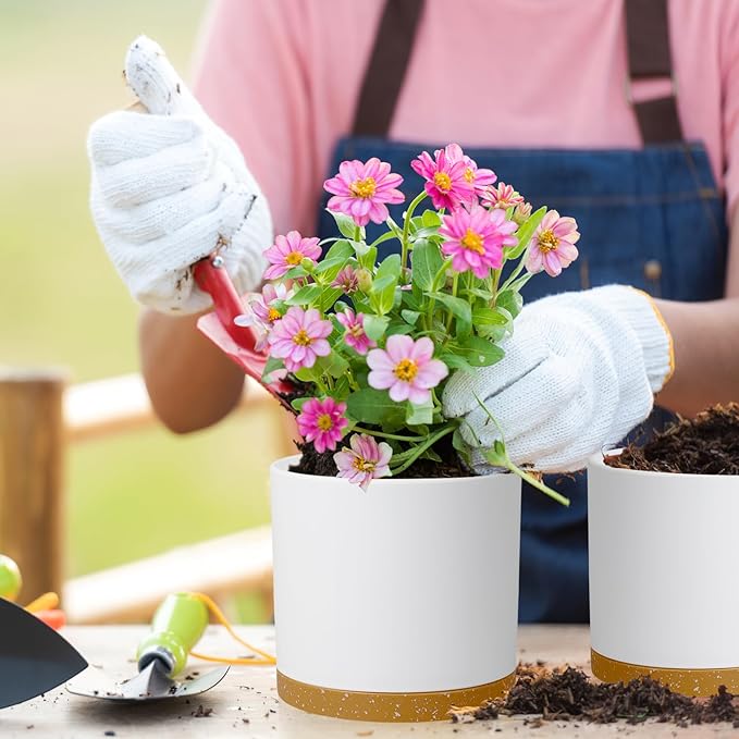 12/10/8 inch Large Flower Pots, 3 Pack Cylinder Deep Plant Pots for Outdoor Indoor Plants, Tall Plastic Planters with Drainage Holes and Saucers for Garden House Plants, White with Brown