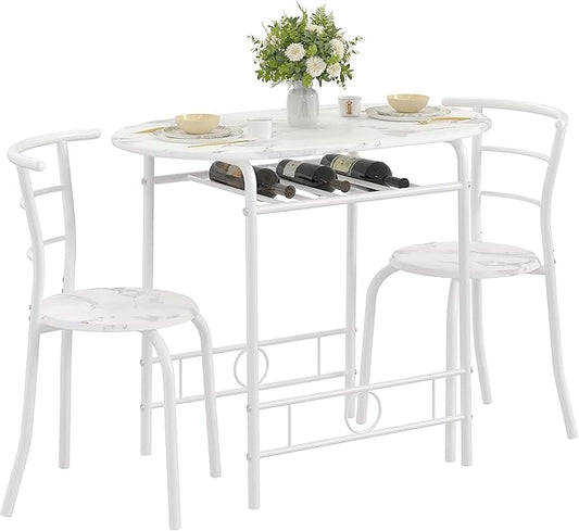 VECELO 3-Piece Dining Table Set for Kitchen Breakfast Nook, Faux Marbled Oval Tabletop and Metal Frame with Built-in Wine Rack, for Small Spaces, White