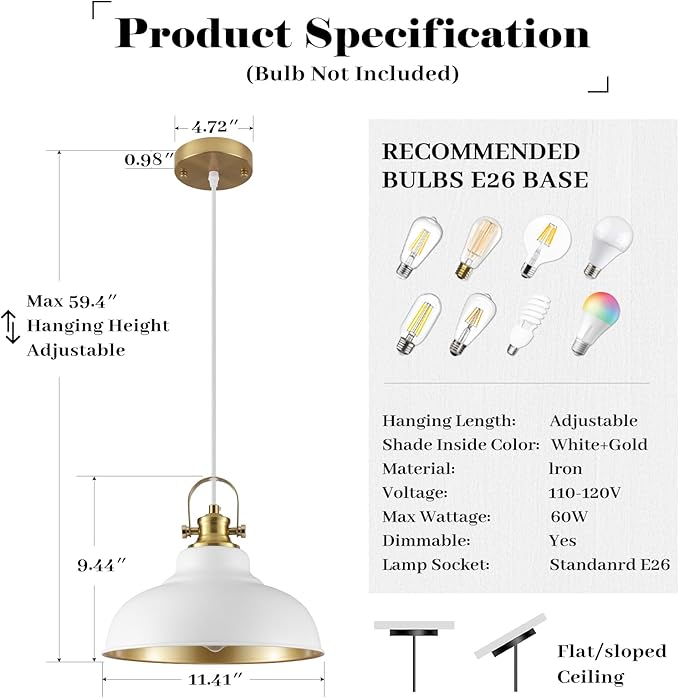 White and Gold Pendant Light, 11.41 Inch Dome Pendant Lights, Industrial Pendant Light Kitchen Island, Farmhouse Pendant Lights 2 Packs, Island Pendant Lights for Kitchen, Dining Room, Living Room