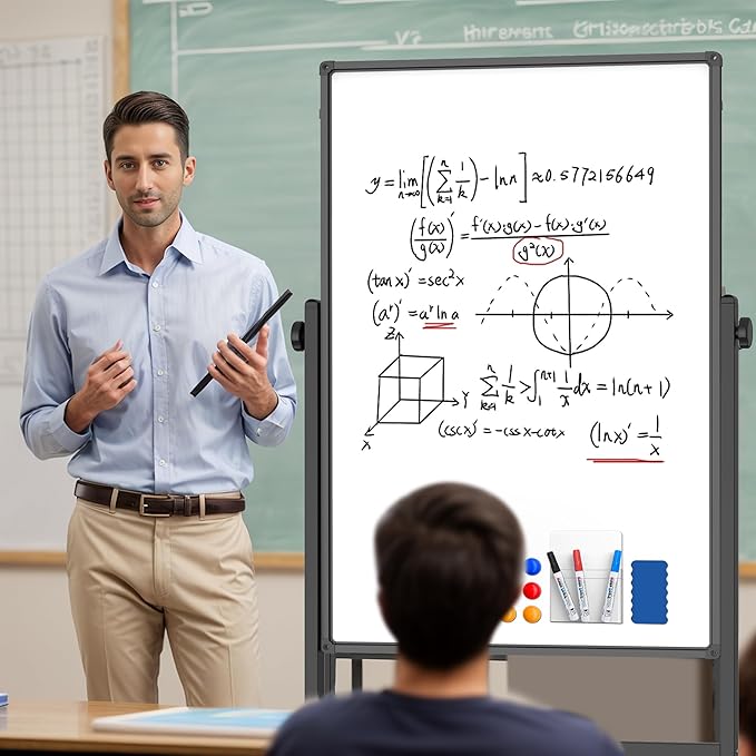 48x32inches Mobile Whiteboard - Adjustable Height, Standing Whiteboard on Wheels, Double-Sided Magnetic Dry Erase Board for Office, Home, Classroom