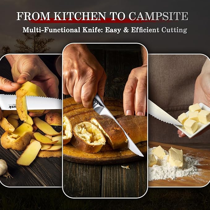 Huusk Serrated Steak Knives Set, 4.5" Japanese Stainless Steel Steak Knives Set of 4, Sharp Dishwasher Safe Dinner Knife for Kitchen Table with Gift Box