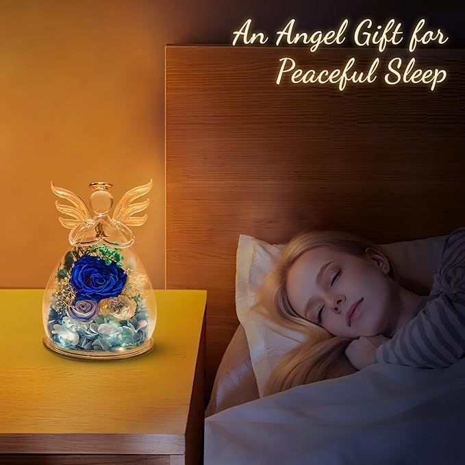 Flowers for Delivery, Christmas Decor Birthday Gifts for Mom Grandma Women, Preserved Rose Forever Flower in Glass Angel Figurines Real Fresh Bouquet for Wife Sister Her from Daughter