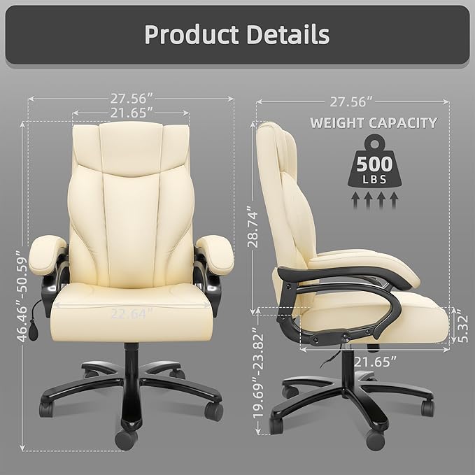 Big and Tall Executive Office Chair, Wide Seat Leather Chair with Lumbar Support and Comfy Arms, Ergonomic High Back Computer Desk Chair for Home (White)