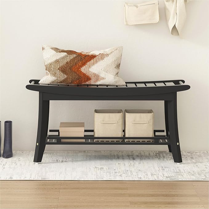 Bamboo Entryway Storage Bench with Shelves Shoe Rack Bench Seat Organizer for Porch Bedroom Bathroom Balcony 39 x 13 x 19.2 Inches Black
