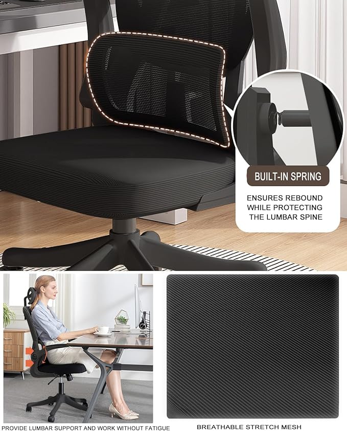 Office Chair Mesh Desk Chair, Ergonomic High-Back Rolling Gaming Work Chairs with Wheels and Adjustable Headrests,Comfortable Flip-up Arms for Home,Bedroom,Study Gaming