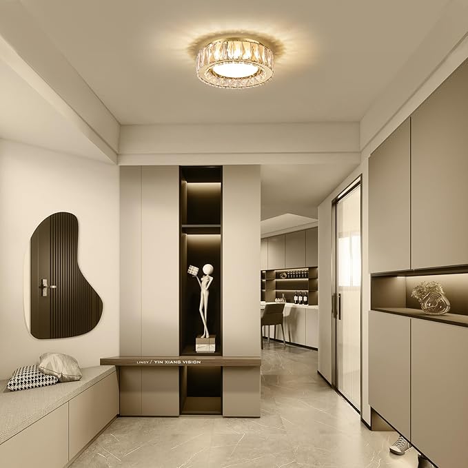 11 Inch Modern Gold Luxury Flush Mount Ceiling Light,Small Crystal Chandelier, Dimmable LED 5CCT 3000K-6000K 24W Round Close to Ceiling Light Fixture for Hallway,Kitchen,Bedroom,Laundry Room
