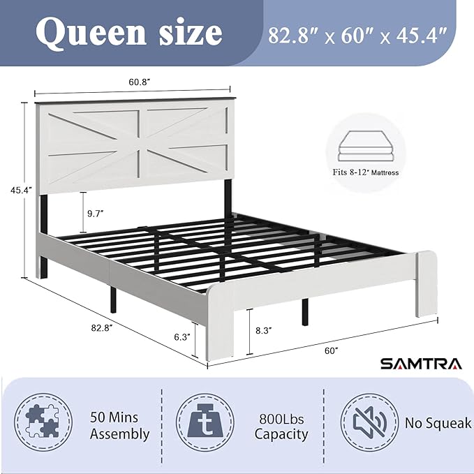 Wooden Bed Frame Queen Size with Headboard, Farmhouse Platform Bedframe with Wood Slat Support, Sturdy Framework Bed Frame, Easy Assembly (Rustic White)