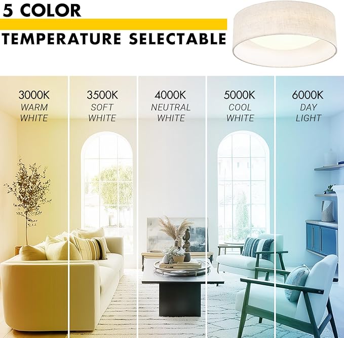 Hamilyeah LED Flush Mount Ceiling Light with Fabric Shade, 12 inch Kitchen Lighting Fixture Ceiling Mount 5CCT, Dimmable Beige Linen Ceiling Lighting Fixture 24W for Bedroom,Living Room, Kitchen