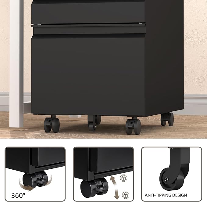 3 Drawer File Cabinet with Lock, Black Mobile File Cabinets for Home Office,Under Desk Small Filing Cabinet, Rolling File Cabinet for A4/Letter/Legal