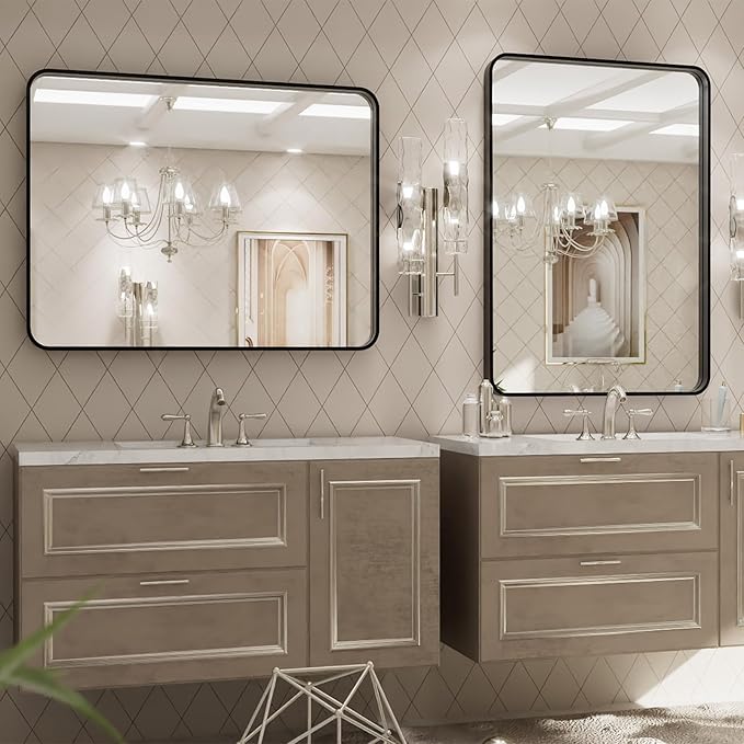 LOAAO 24X32 Inch Black Metal Framed Bathroom Mirror for Wall, Matte Black Bathroom Vanity Mirror Farmhouse, Large Rounded Rectangle Mirror, Anti-Rust, Hangs Horizontally or Vertically