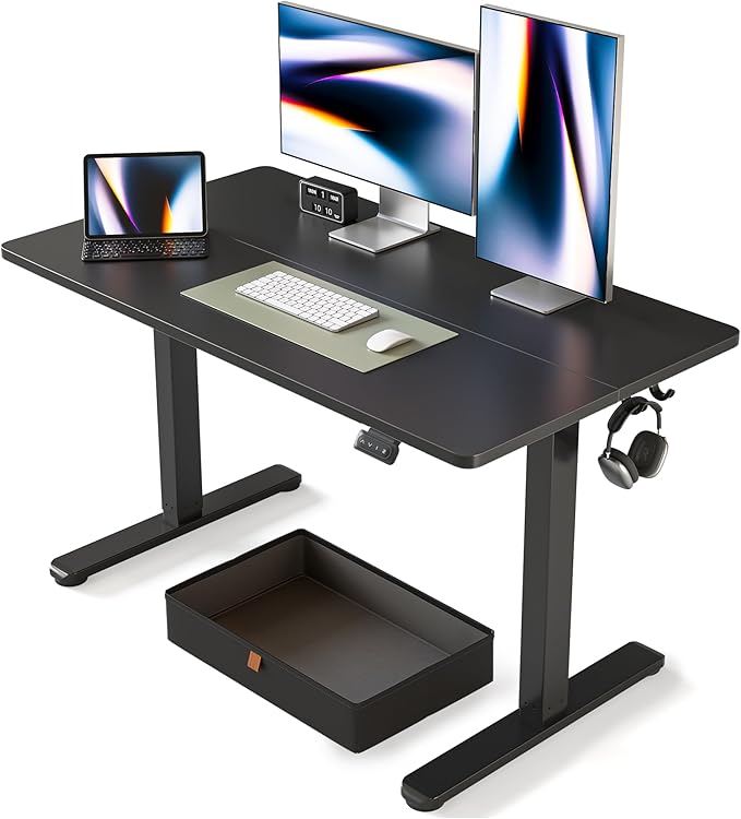 FEZIBO 48 x 24 Inches Standing Desk with Drawer, Adjustable Height Electric Stand up Desk with Storage, Sit Stand Home Office Desk, Ergonomic Computer Desk, Black