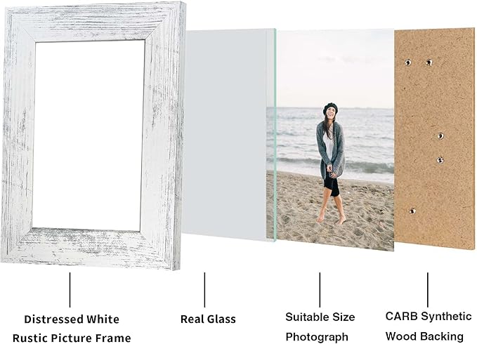 4x6 Picture Frame Set of 4, High Definition Glass Distressed White Frame, 4 x 6 Photo Frames for Tabletop Display and Wall Mounting