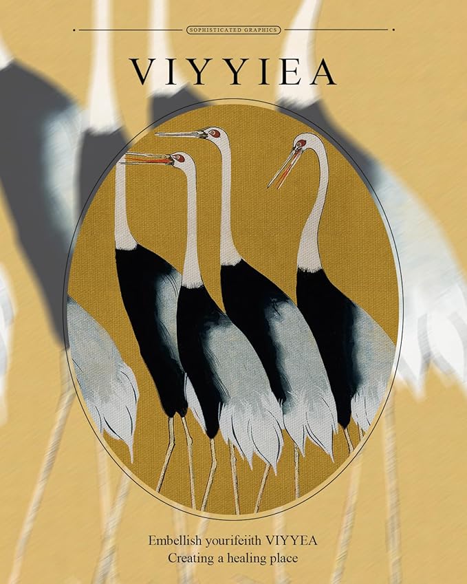 VIYYIEA Gold Framed Wall Art, Seven Cranes Canvas Print Home Decor Vintage Art Painting Picture Bathroom Wall Decor, Animals Artwork for Living Room Bedroom Kitchen Office - 10L x 8W
