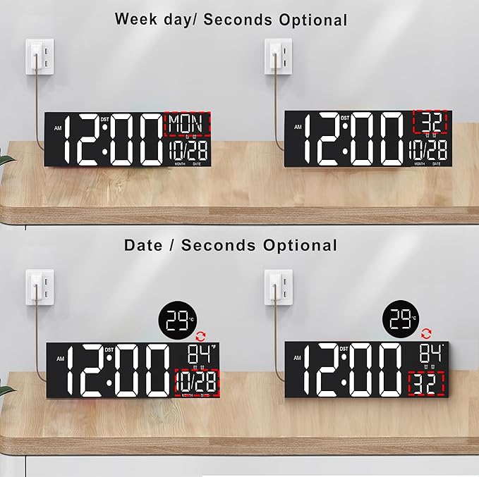 JALL 30" Large Digital Wall Mount Clock with Remote Control, Alarm, Huge Giant Big LED, Countdown, Auto DST, Temperature for Living Room Classroom Desk, Xmas, Birthday Gift, White