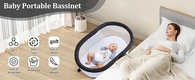 Baby bassinets,3 in1 Baby Crib, Sturdy, Portable & Easy to Assemble,Mosquito net and Portable Bag Included. (Black)