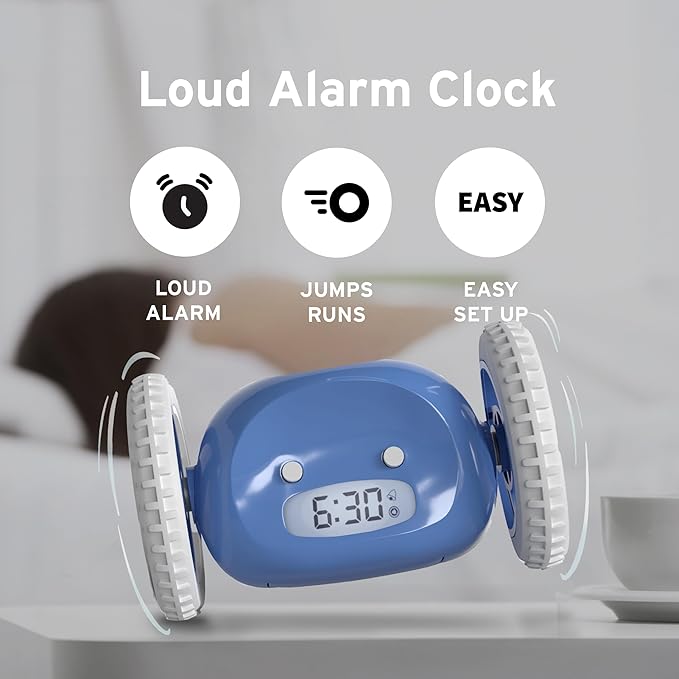 CLOCKY Extra Loud Alarm Clock for Heavy Sleepers on Wheels Rolls Runs Away Vibrating Easy to Set Super Smart Snooze Digital Bed Shaker Alarm Clock Funny Gift for Adults Kids Teens Bedrooms (Blue)