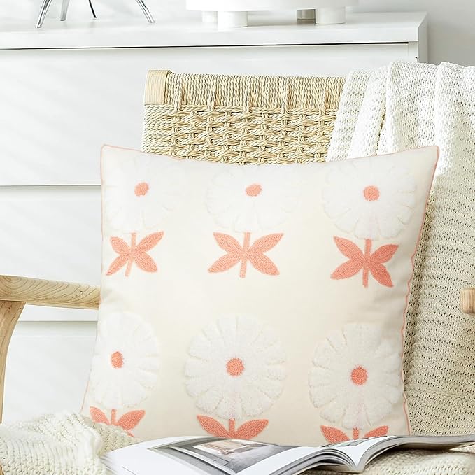 Merrycolor Boho Embroidered Throw Pillow Covers 18x18 Pink Flower Pillow Covers Textured Square Cushion Case Farmhouse Decorative Pillow Covers for Couch Bed,1PC, Beige and Pink Floral