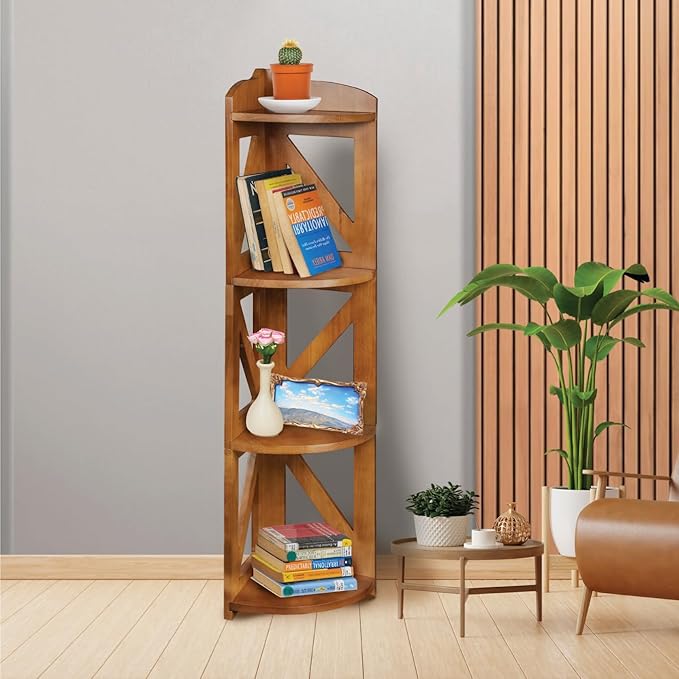 Corner Shelf Stand, Corner Bookshelf, Small Corner Shelves by Natural Wood, Plant Stand, Corner Bookcase for Living Room, Home Office, Bedroom, (Brown, 4 Tier)